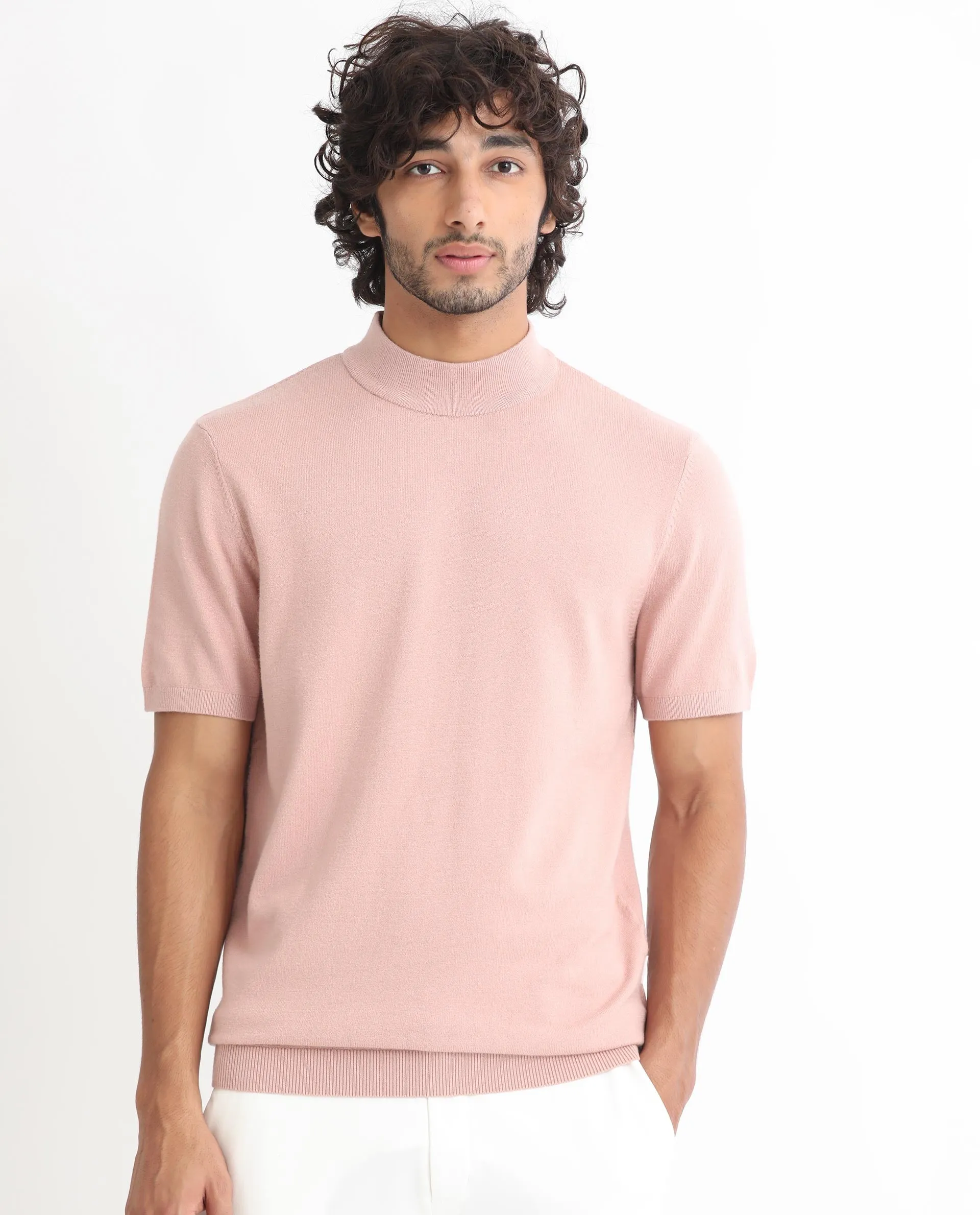 Rare Rabbit Men's Alfet Peach Half Sleeves High Neck Knitted T-Shirt