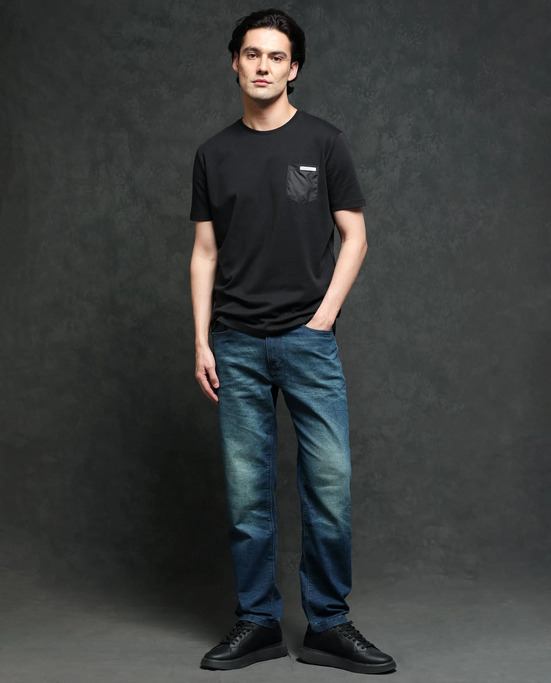 Rare Rabbit Men's Azul Black Solid Crew Neck With Contrast Nylon Pocket Half Sleeves T-Shirt